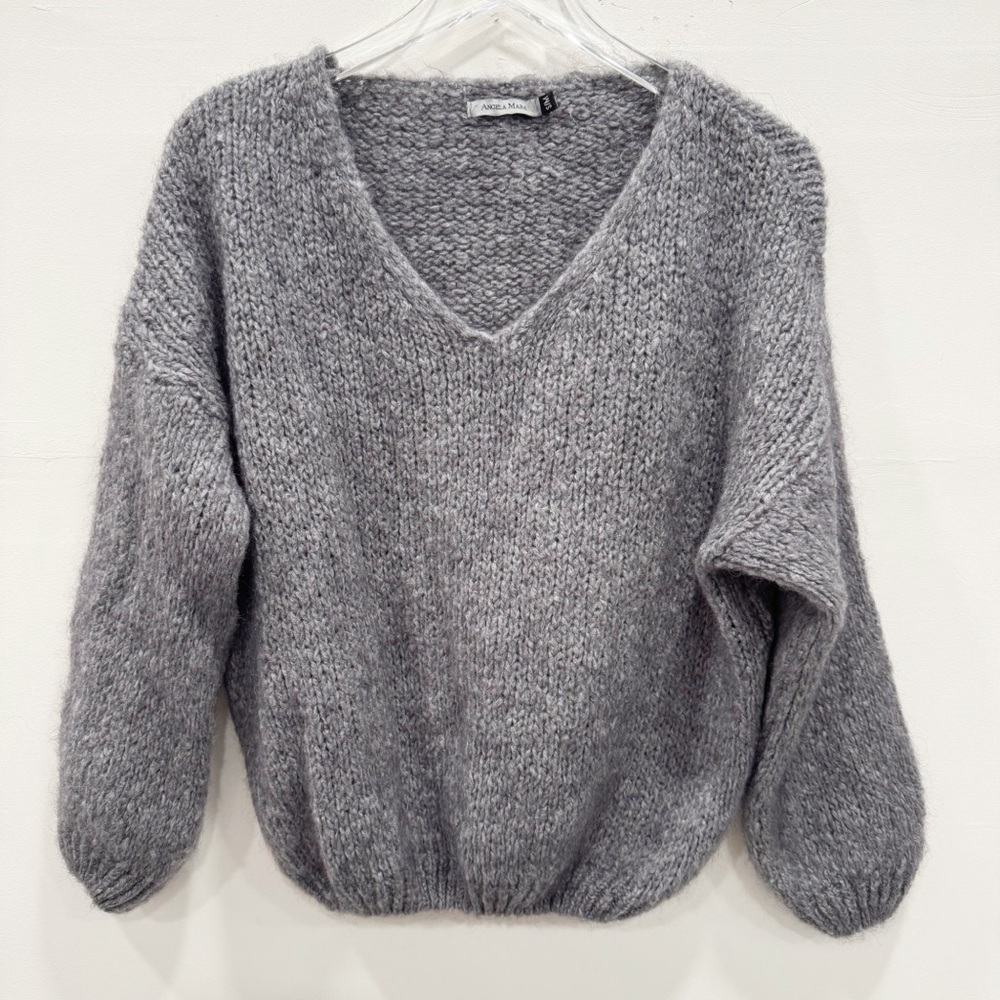 Angela Mara Mohair Wool Blend Knit Sweater V-Neck S/M Grey